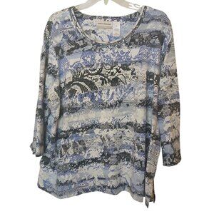 Alfred Dunner Plus Size 3X Blue & White Animal Print Top W/ Rhinestone  #I-8